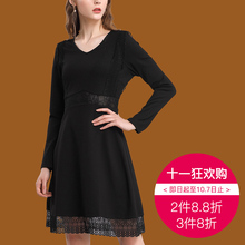 ZIMMUR2018秋季新品 休闲简约百搭OL通勤 拼接勾花镂空v领连衣裙图片