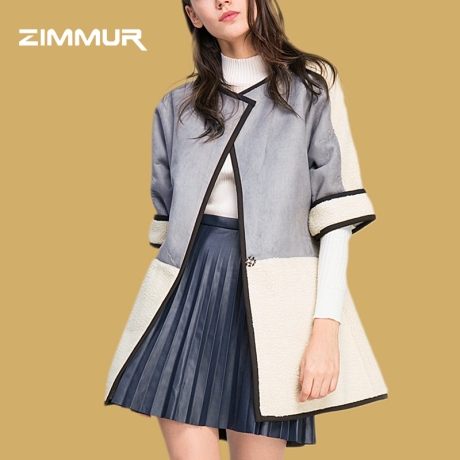 ZIMMUR2018秋冬新品 拼接色翻领 拉链圆领拼接五分袖大衣商品大图