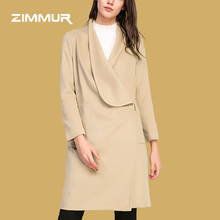 ZIMMUR2018秋冬新品休闲时尚百搭浅驼色翻领一粒扣欧美风呢料大衣图片