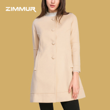 ZIMMUR18年秋冬新品休闲简约时尚浅杏色插肩袖单排扣修身淑女大衣图片