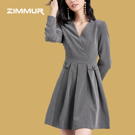 ZIMMUR18年秋装新品 V领百褶修身腰长袖显瘦时尚职业通勤OL连衣裙商品大图