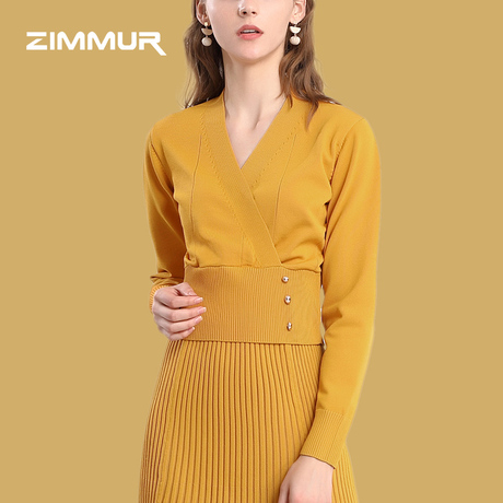 ZIMMUR18年秋装新品 V领纽扣装饰短款气质简约时尚百搭长袖针织衫商品大图