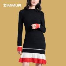 ZIMMUR18年冬装新品撞色修身显瘦包臀裙针织打底鱼尾裙舒适连衣裙图片