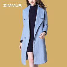 ZIMMUR18冬季新款长袖大翻领经典双排扣中长款纯色呢子羊毛大衣女图片