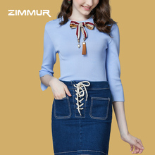 ZIMMUR18年秋装新品 时尚百搭纯色休闲女士五分袖柔软针织衫上衣图片