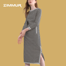 ZIMMUR18年秋冬新款 黑白色时尚提花简约H型长款开叉连衣裙子图片
