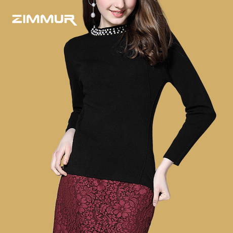 ZIMMUR18年秋冬新品黑色长袖半高领领钉珠时尚休闲套头针织衫毛衣商品大图