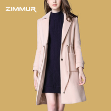 ZIMMUR18秋冬新款简约优雅翻领抽绳口袋减龄中长款保暖毛呢大衣图片
