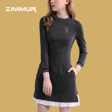 ZIMMUR18秋冬新款 通勤时尚长袖圆领 简约舒适罗纹袖口拼接连衣裙图片