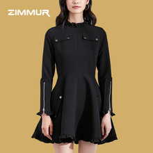 ZIMMUR18年秋冬新品 百褶立体木耳边袖口拉链装饰荷叶袖A摆连衣裙图片