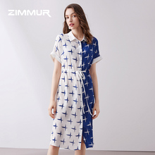 ZIMMUR19夏季新款印花衬衫式修身显瘦中长款桑蚕丝真丝连衣裙OL图片
