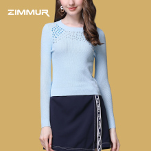 ZIMMUR18秋季新款百搭打底衫长袖圆领珠片装饰修身女士针织衫上衣图片