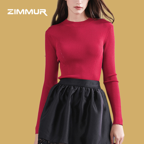 ZIMMUR18年秋装新品 深红色圆领时尚气质高端修身毛衫商品大图