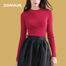 ZIMMUR18年秋装新品 深红色圆领时尚气质高端修身毛衫图片
