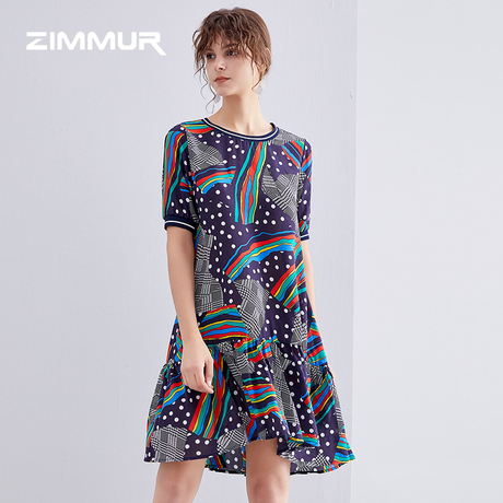 ZIMMUR19夏季新款优雅荷叶边高端碎花舒适透气桑蚕丝真丝连衣裙商品大图