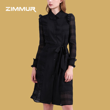 ZIMMUR2018秋季新款 通勤时尚潮流系带腰拼接花瓣袖v领黑色连衣裙图片