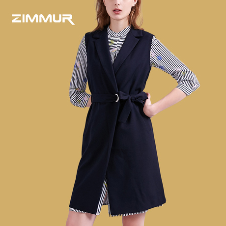 ZIMMUR2018秋冬新款 通勤时尚潮流 系带拼接v领中长款深蓝色马甲商品大图