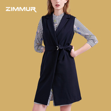 ZIMMUR2018秋冬新款 通勤时尚潮流 系带拼接v领中长款深蓝色马甲图片