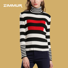ZIMMUR18年秋冬新品黑白条纹高领拼色简约休闲舒适气质百搭针织衫图片
