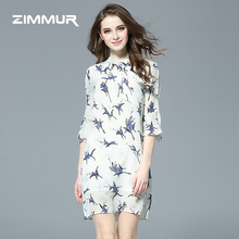 ZIMMUR飘带蝴蝶结真丝连衣裙2018夏季新款100%桑蚕丝印花连衣裙图片