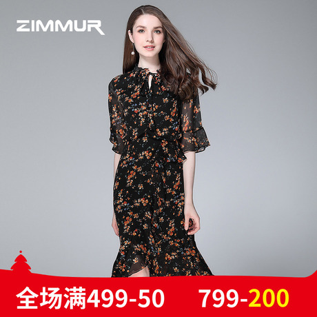 ZIMMUR夏季新款2018印花碎花雪纺喇叭袖修身荷叶边鱼尾中长连衣裙商品大图