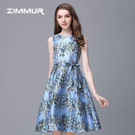 ZIMMUR夏季新款2018印花无袖A字裙收腰绑带中长款优雅OL女连衣裙商品大图
