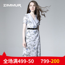ZIMMUR秋季新品2018蓝色印花雪纺V领知性OL腰带修身中长款连衣裙图片