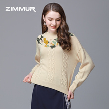 ZIMMUR秋冬新款2018刺绣毛衣针织衫上衣宽松休闲加厚百搭慵懒风女图片