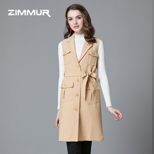 ZIMMUR秋冬新款2018卡其色马甲中长连衣裙收腰OL绑带开叉V领外套图片
