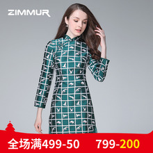 ZIMMUR秋冬新款2018格纹绿色复古修身旗袍长袖蕾丝中国风连衣裙女图片