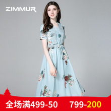 ZIMMUR夏装新品2018雪纺优雅V领收腰中长款印花大摆OL蕾丝连衣裙图片