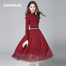 ZIMMUR秋冬新款2018针织衫红色网纱收腰中款打底毛衣百搭女连衣裙图片