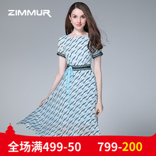 ZIMMUR夏季新款2018印花雪纺收腰系带中长款短袖优雅时尚OL连衣裙图片