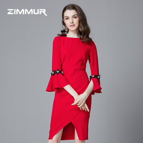 ZIMMUR秋冬新款2018红色喇叭袖收腰七分袖中长款开叉包臀OL连衣裙商品大图