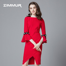 ZIMMUR秋冬新款2018红色喇叭袖收腰七分袖中长款开叉包臀OL连衣裙图片