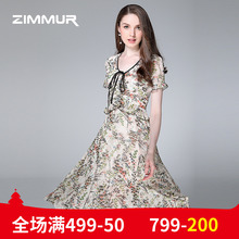 ZIMMUR夏季新款2018印花雪纺A字裙V领优雅收腰修身大摆中长连衣裙图片