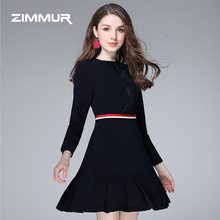 ZIMMUR秋冬新款2018深蓝色收腰打底A字裙荷叶边鱼尾中款OL连衣裙图片