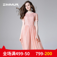 ZIMMUR夏季新款2018纯色蕾丝收腰修身仙女裙优雅雪纺中长款连衣裙图片