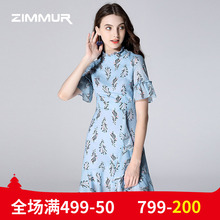 ZIMMUR夏季新品2018印花雪纺荷叶边喇叭袖鱼尾优雅收腰A字连衣裙图片