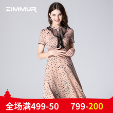 ZIMMUR夏装新品印花收腰中长款蕾丝网纱飘领时尚优雅OL短袖连衣图片