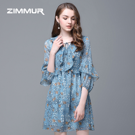 ZIMMUR秋冬新款2018碎花印花雪纺七分袖喇叭袖宽松优雅中款连衣裙商品大图