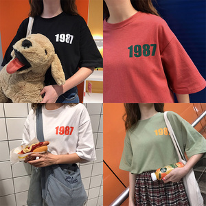 2019新款春夏装韩版青春t恤女短袖学生宽松1987印花打底衫上衣潮