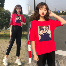 夏季2019新款韩版短袖上衣搭配九分裤两件套少女初中高中学生套装