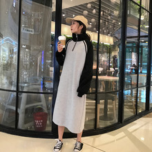 秋装韩版女装拼色立领加绒长袖卫衣裙宽松显瘦过膝裙长款连衣裙图片