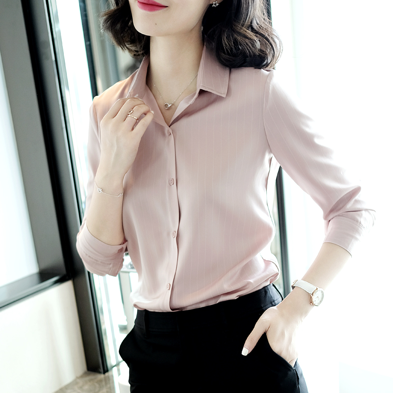 chic气质衬衫女 粉色竖条纹长袖衬衣2019新款职业气质春秋上衣