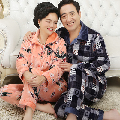秋款情侣睡衣女士珊瑚绒中老年人妈妈加厚法兰绒冬天男家居服套装