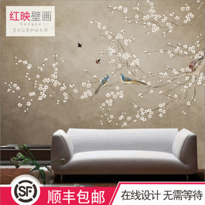 新中式花鸟壁纸蚕丝墙布酒店客厅电视背景墙墙纸壁布壁画顺丰包邮