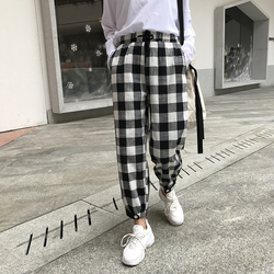 2019年春季新款松紧腰女孩少女装中学生宽松休闲哈伦九分格子裤潮