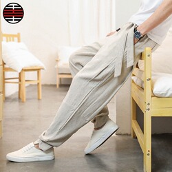 @俊古中国风亚麻裤男薄款宽松休闲裤哈伦裤九分裤棉麻裤子佛系男