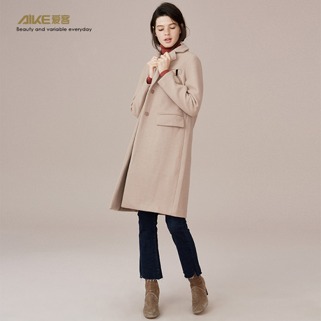 爱客女装2018秋装新款甜美小清新纯色毛呢大衣长款修身外套女商品大图